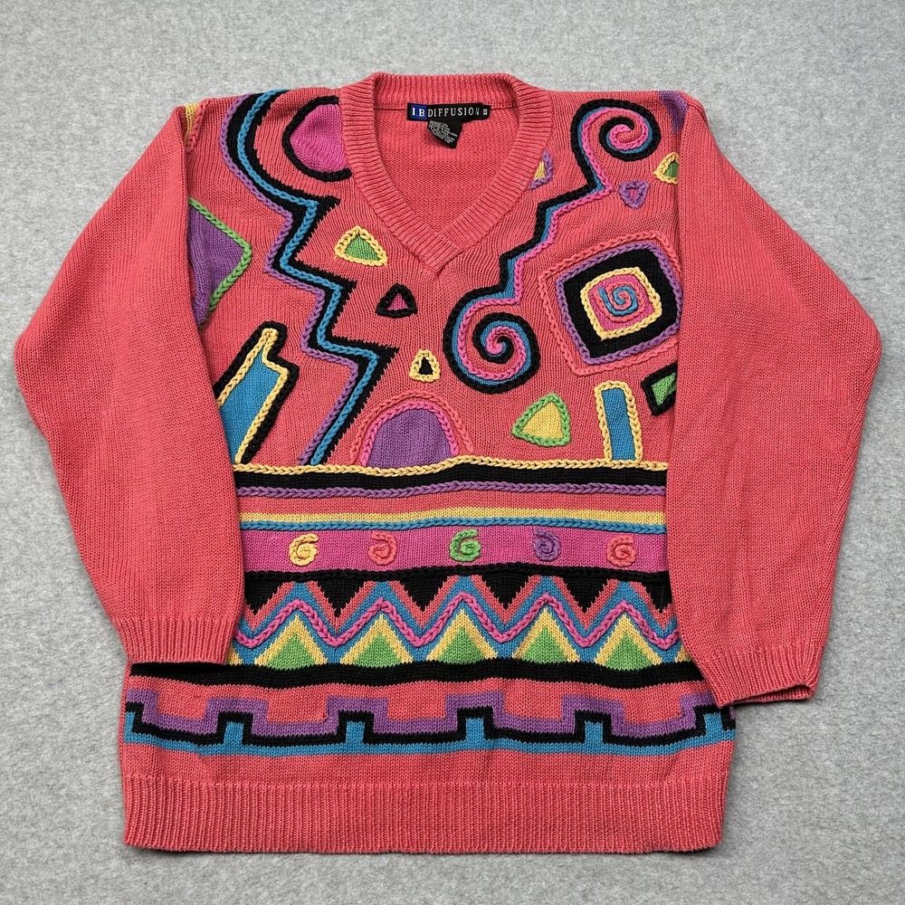 Vintage I.B. Diffusion Sweater Womens XS Abstract 3D Knit V-Neck 90s Coogi Style